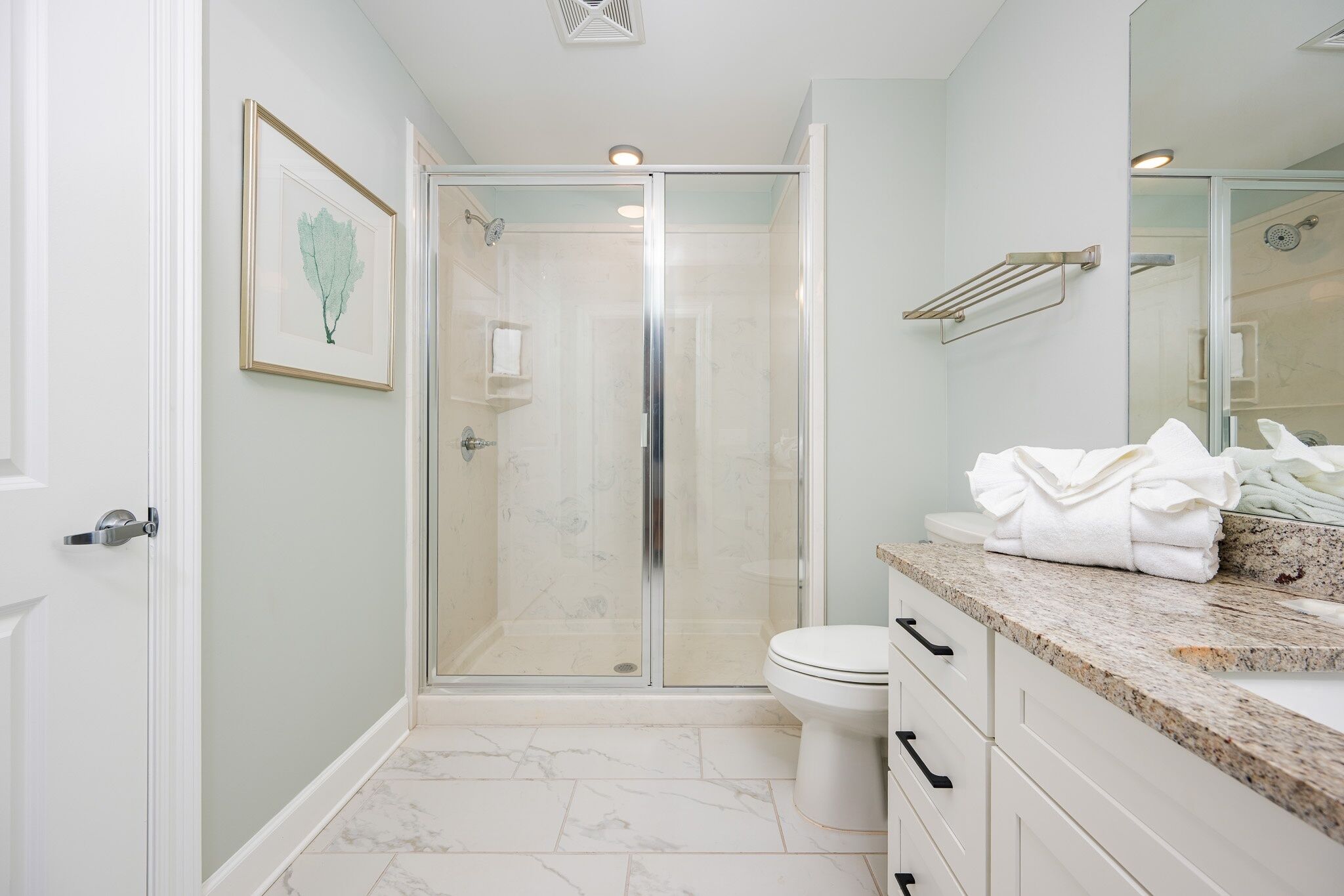 A bathroom with a glass-enclosed shower, a toilet, a sink with a marble countertop, and a framed artwork on the wall.