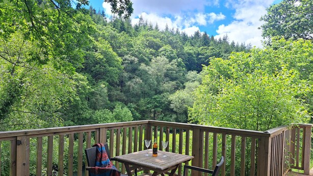 A wooden deck with a table and chairs, overlooking a dense forest. - The Hide - A Secret Cabin in the Trees: Peace Nature & Privacy! (Tiverton)