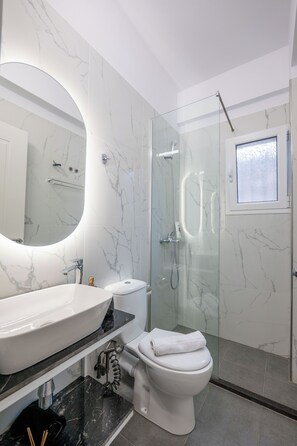 Hair dryer, towels, soap, shampoo