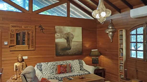 A wooden interior with a sofa, a Buddha statue, a hanging light fixture, and a bookshelf. - House in El Bosque Encantado (San Martín de Valdeiglesias)