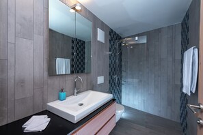 Douche, sèche-cheveux, serviettes fournies, savon