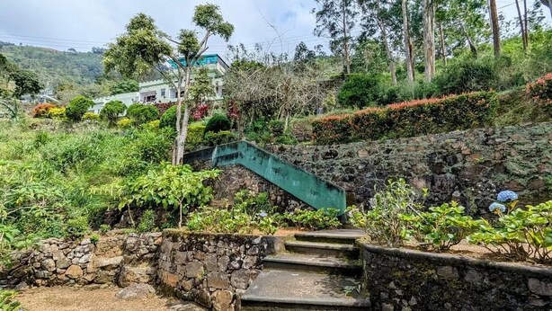 Un escalier en pierre menant au sommet d’une colline, entouré d’une végétation luxuriante, avec une maison en arrière-plan.