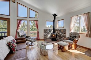 TV, fireplace, books, offices