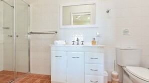 A bathroom with a glass shower enclosure, a white sink with a mirror above it, and a toilet.