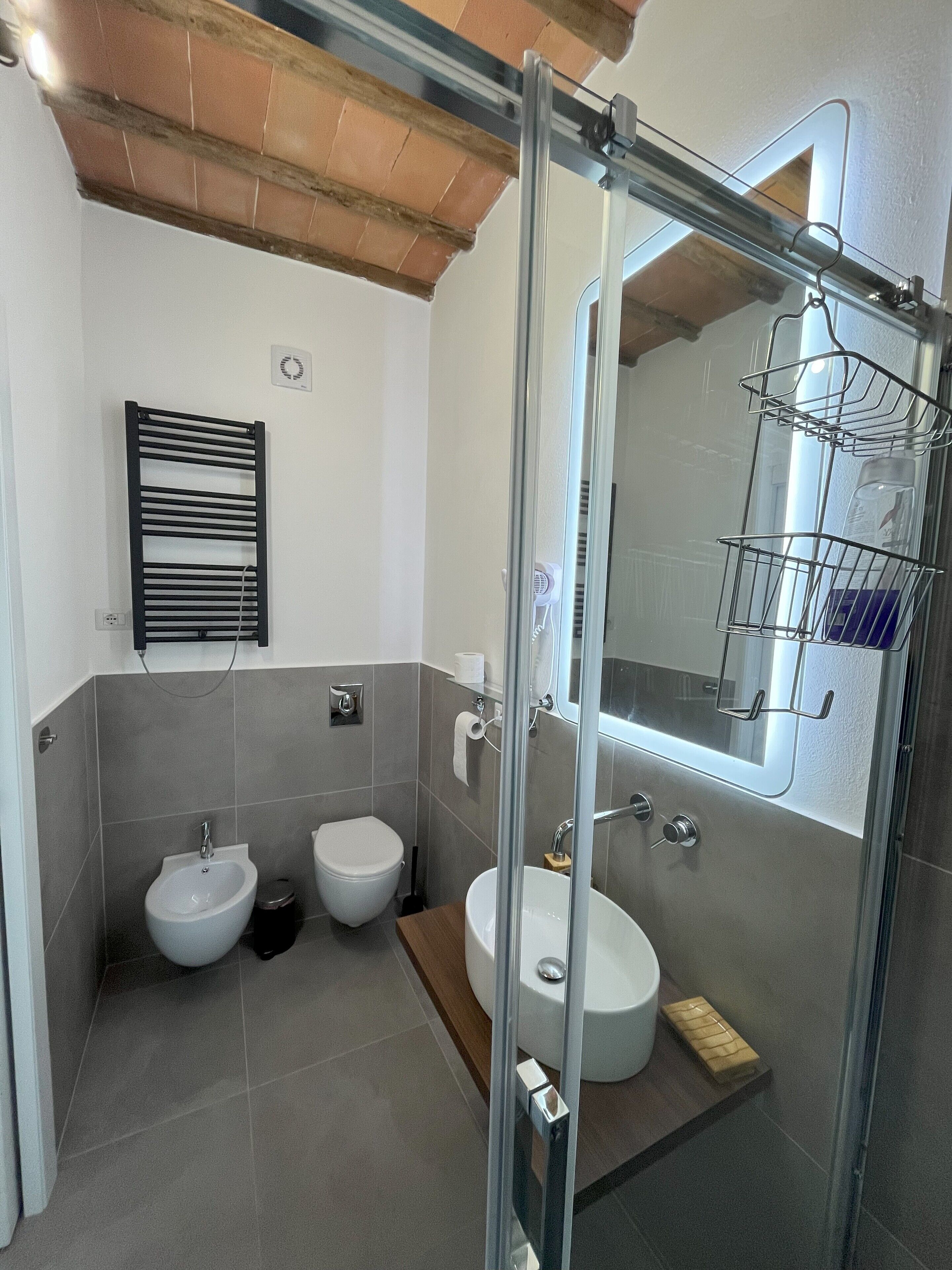 Une salle de bain moderne équipée d’un bidet, de toilettes et d’une douche à l’italienne.