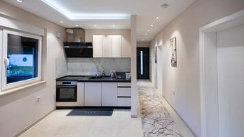 Fridge, oven, stovetop, cookware/dishes/utensils