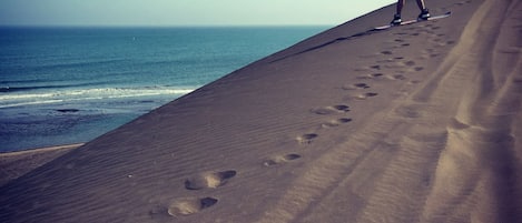 Una persona de pie en una playa arenosa con huellas que se dirigen hacia el océano.