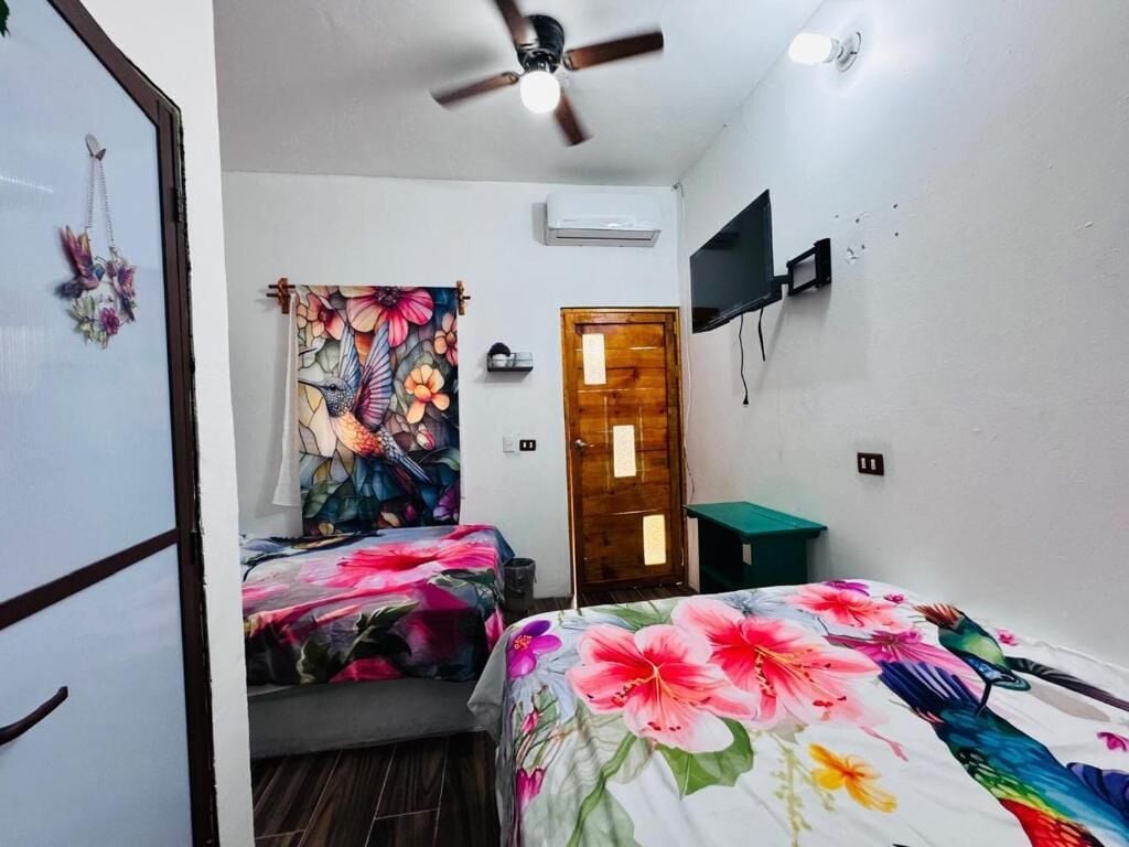 Una habitación con dos camas, ventilador de techo, televisor y una puerta.