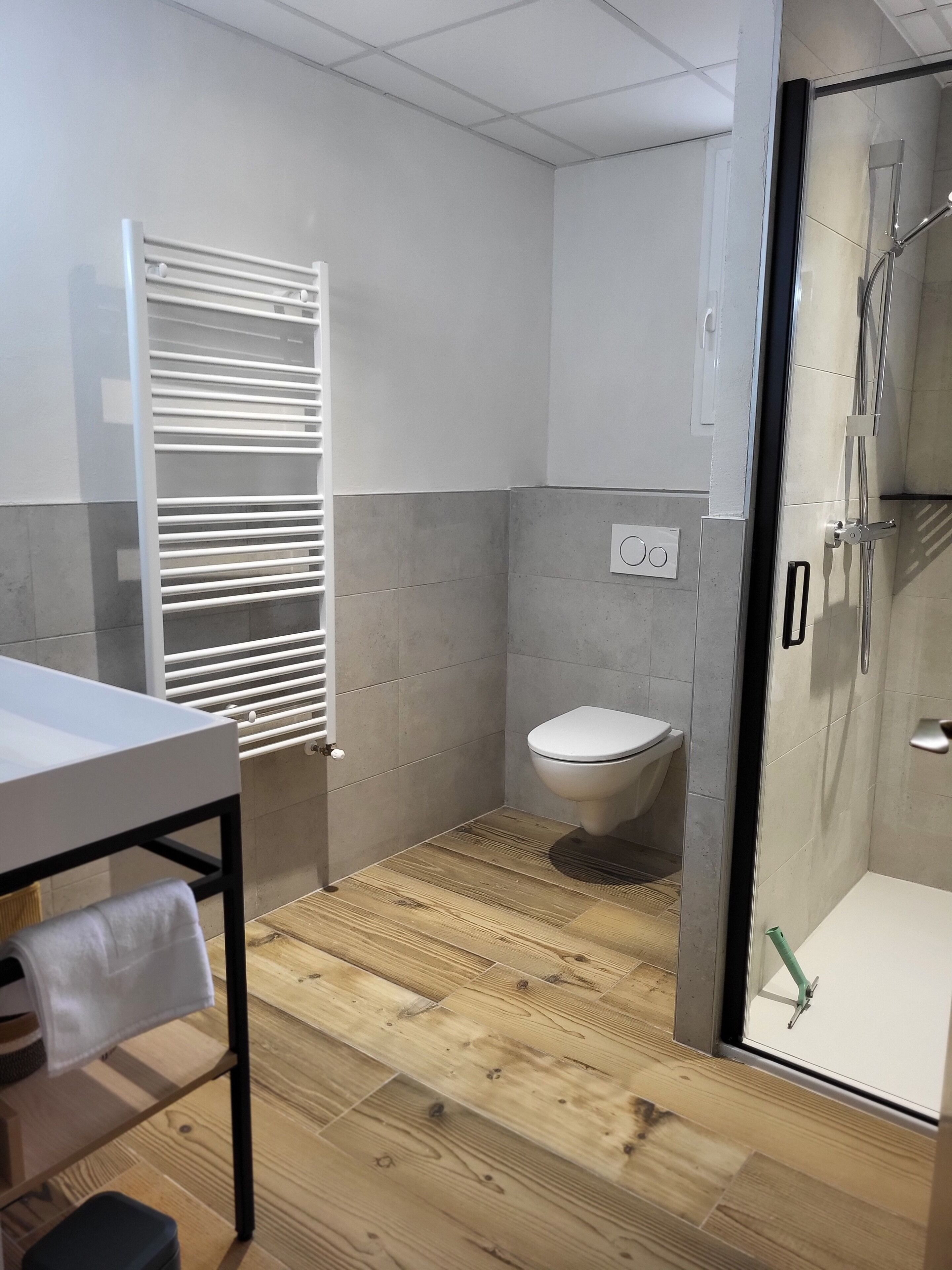 Une salle de bain comprenant des toilettes, une douche à parois de verre, un porte-serviettes et un plancher en bois.