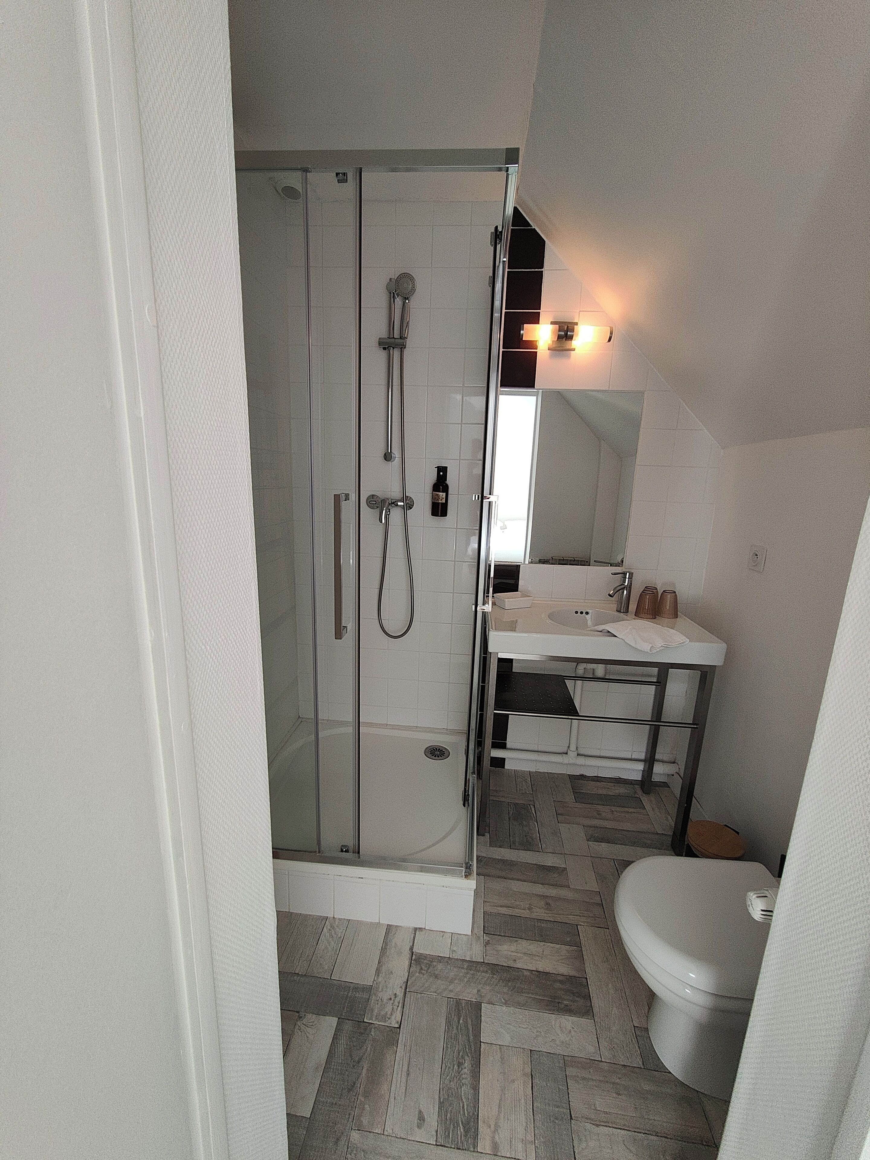 Un baño con cabina de ducha de vidrio, un lavamanos blanco y un inodoro.
