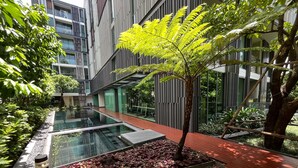 Un edificio moderno con un atrio de cristal, plantas de interior y un pequeño elemento acuático.