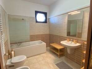 Shower, hair dryer, bidet, towels