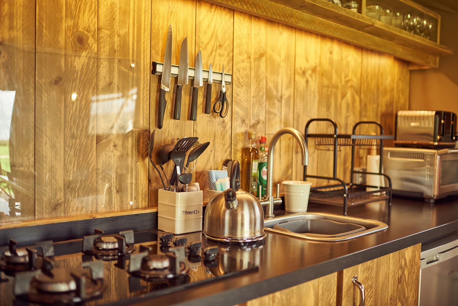 Fridge, microwave, toaster, cookware/dishes/utensils