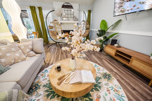 Smart TV, fireplace, table football