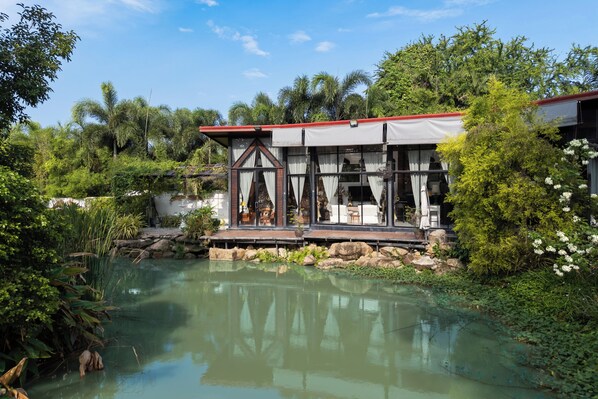 A building with a glass facade, a pond in front, and lush greenery around.