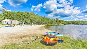 Enjoy serene lakeside relaxation with beach chairs, umbrellas, kayaks, and paddleboards at your disposal.