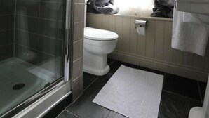 A bathroom with a glass shower enclosure, a toilet, and a window with curtains. - Crown and Sceptre (London)