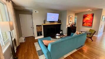 Smart TV, fireplace, books