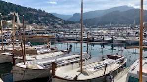 A marina with multiple boats docked, a clear sky, and a mountainous backdrop. - Soller Plaza (Soller)