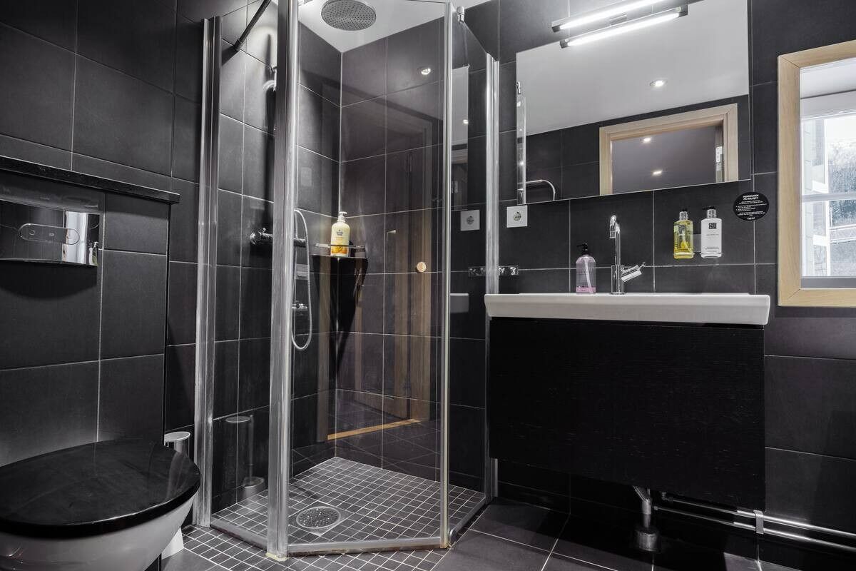 Basic Apartment | Bathroom | Shower, hair dryer, towels, soap