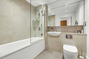 Hair dryer, bidet, towels, soap