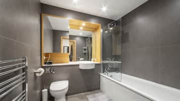 Hair dryer, bidet, towels, soap