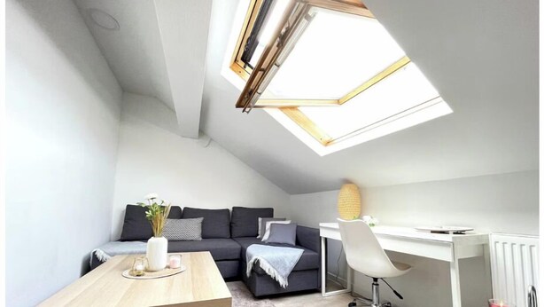 Un appartement-loft moderne et compact, doté d’une lucarne, d’un canapé confortable, d’une table en bois et d’un espace de travail.