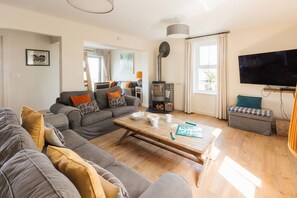 Smart TV, fireplace, DVD player, books
