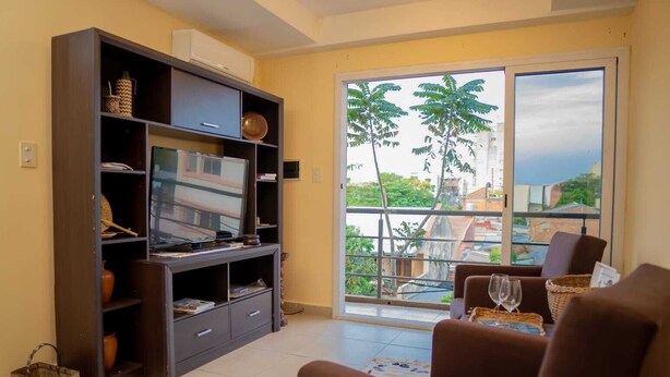 Una sala de estar con televisor, estanterías y un balcón con vistas a palmeras y edificios.