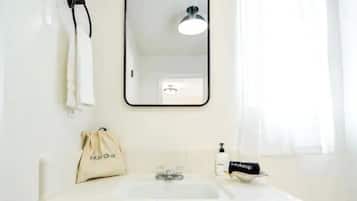 Shower, hair dryer, shampoo