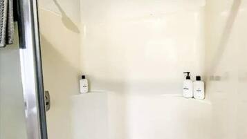 Shower, hair dryer, shampoo