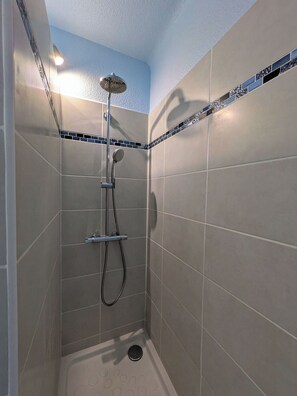 Douche, sèche-cheveux, savon, papier toilette
