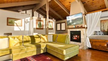 Smart TV, chimenea y libros
