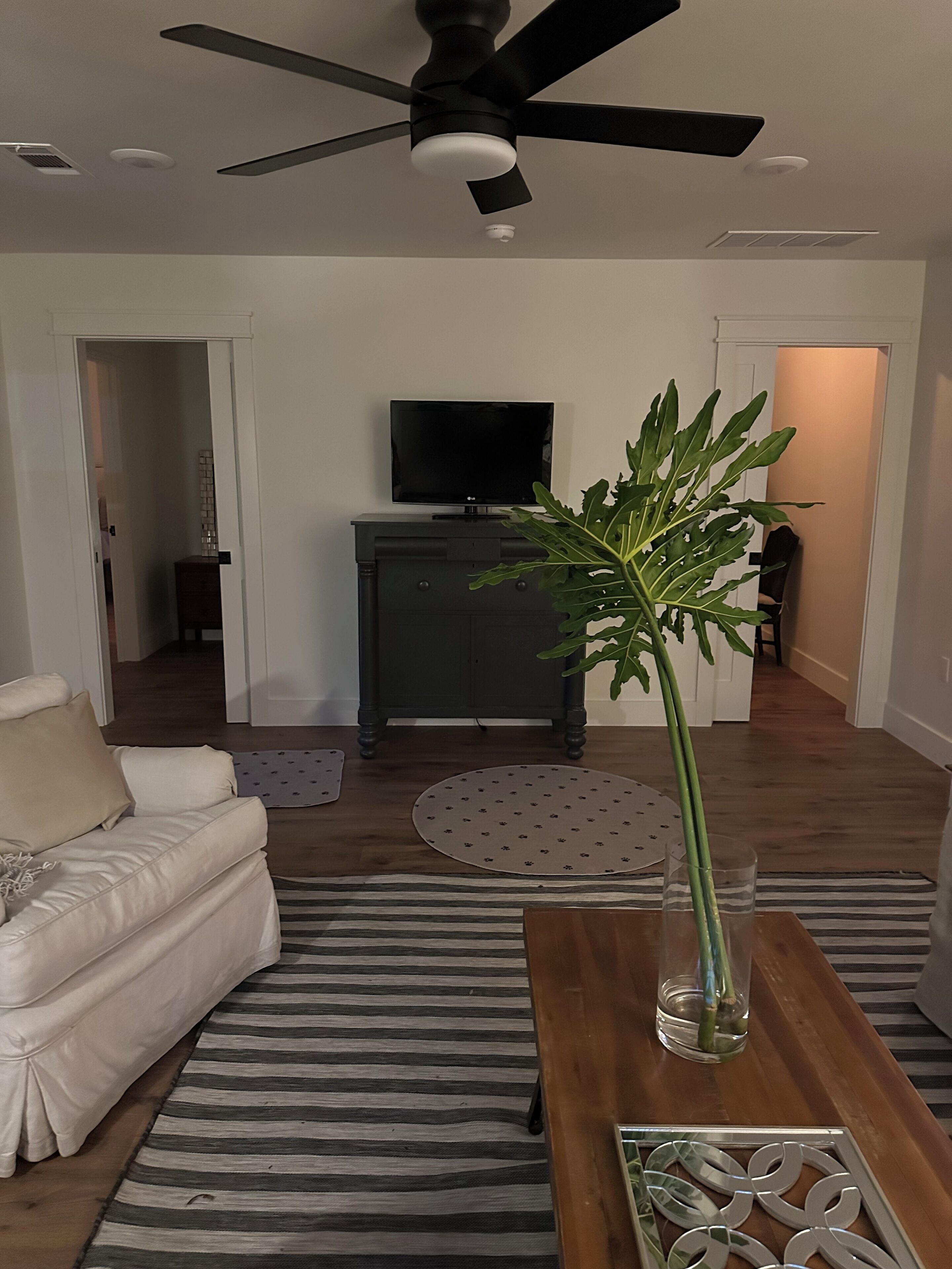 Ein Wohnzimmer mit einem weißen Sofa, einem Holztisch, einem Streifen Teppich, einem Deckenventilator und einem Fernseher auf einer dunklen Kommode.