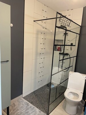 Shower, hair dryer, towels, soap