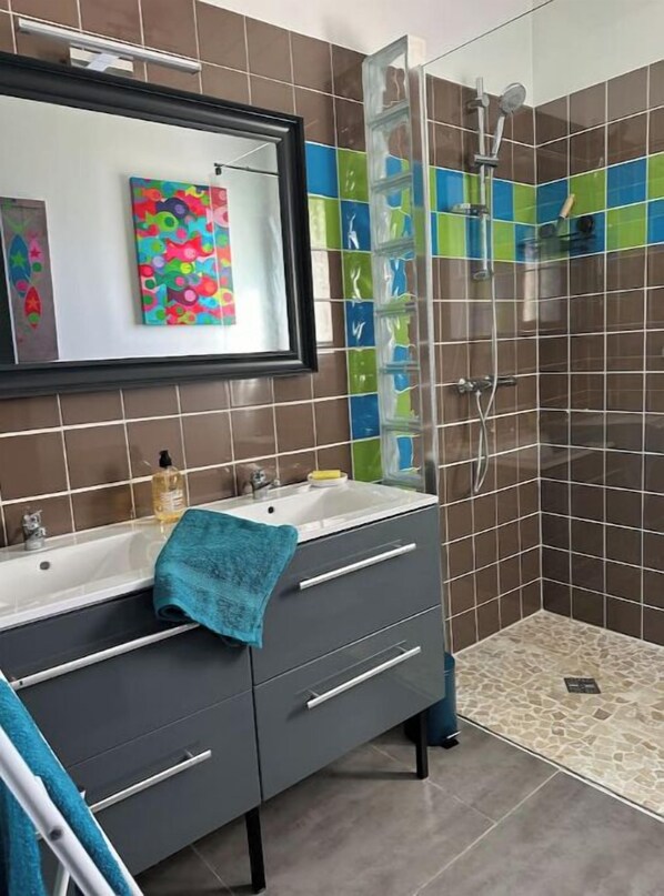 Hair dryer, towels, soap, toilet paper