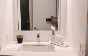Moderni kylpyhuone, jossa on valkoinen pesuallas, peili, ruukkukasvi ja hygieniatuotteita tasolla.