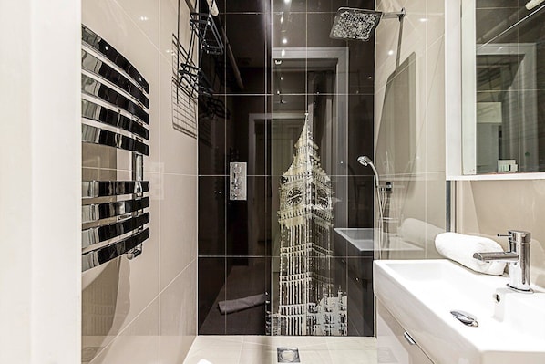 Shower, hair dryer, towels