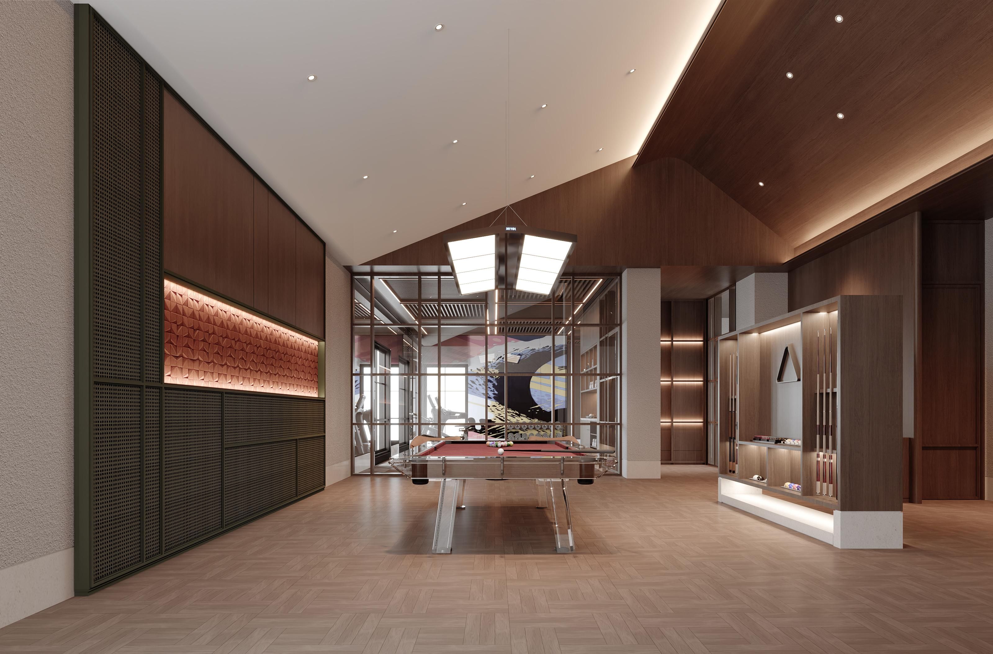 A modern indoor pool area with a pool table, wooden flooring, and a large window providing natural light.