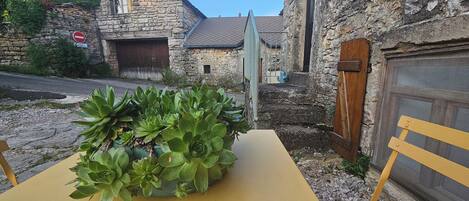 Una mesa amarilla con una planta suculenta en el centro, un edificio de piedra con una reja metálica y una señal de prohibido entrada al fondo.