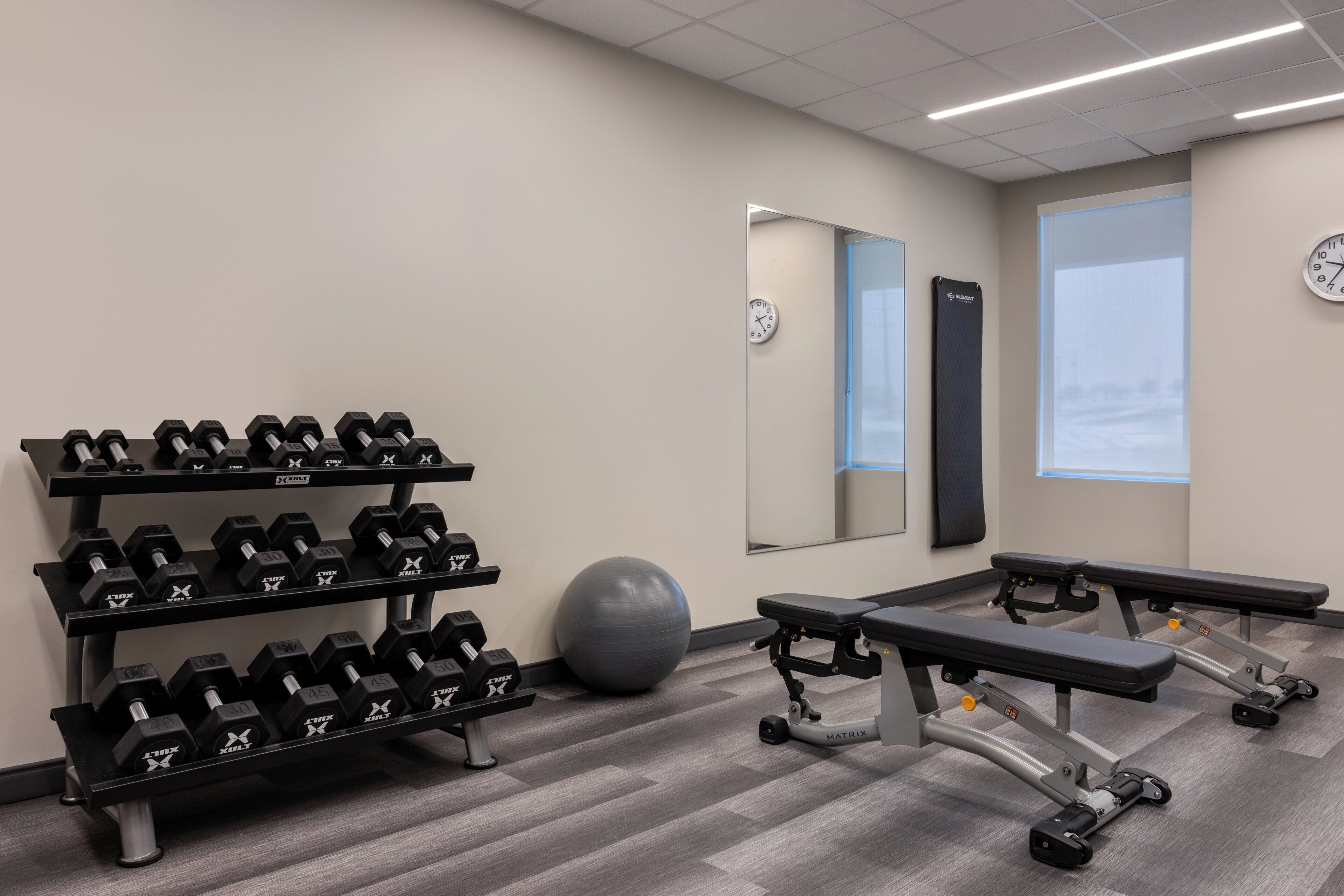A gym with dumbbells, a bench, a ball, and a mirror.