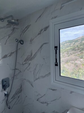 Shower, hair dryer, towels, soap