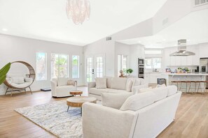 TV connectée, cheminée, livres, vidéothèque