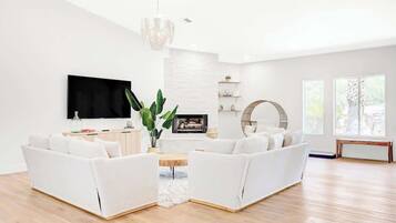 Smart TV, fireplace, video games, offices