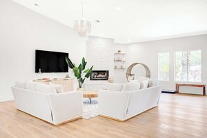 TV connectée, cheminée, livres, vidéothèque