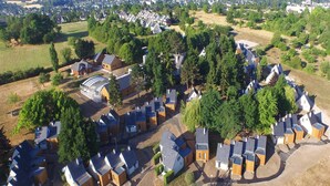 An aerial view of a residential area with houses arranged in a semi-circular pattern, surrounded by greenery and open fields. - Beautiful Family Apartment in Amboise (Amboise)
