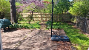 A backyard with a lawn, a wooden fence, a tree with purple flowers, and a basketball hoop. - Charming 3-bedroom house, WiFi, AC, in tranquil beautiful Russellville near Lake (Russellville)
