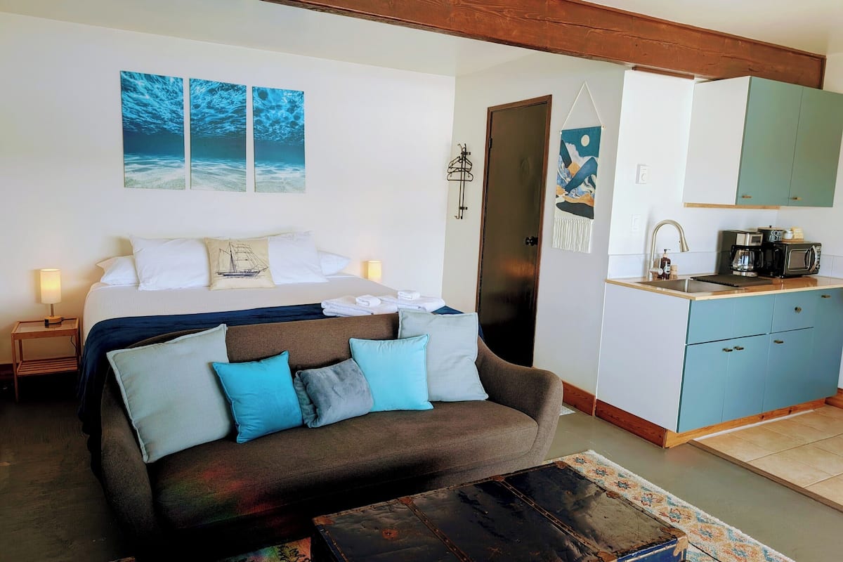 A bedroom with a bed, a sofa, a coffee machine, and a kitchen area.