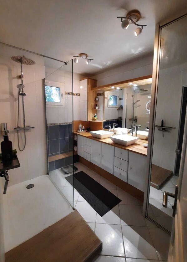 Shower, hair dryer, soap, toilet paper