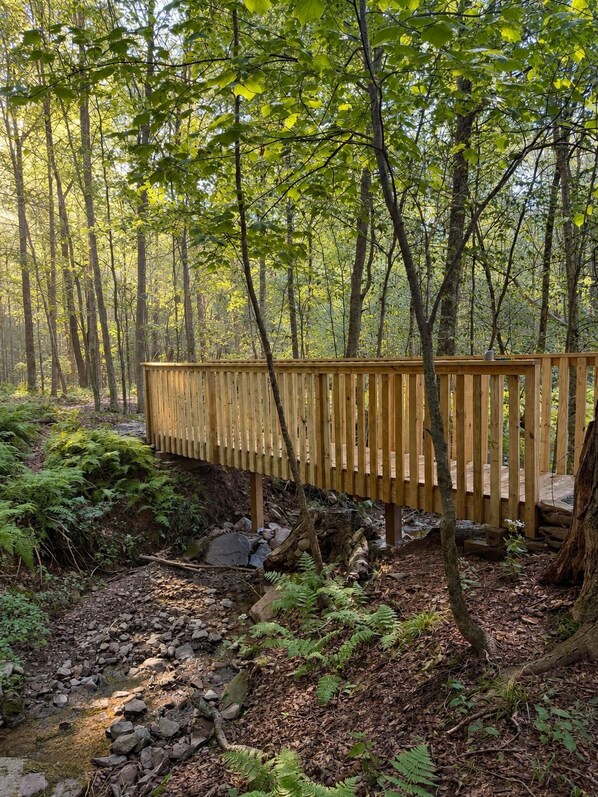 A wooden bridge over a stream in a forested area. - Hust Haus | Sweeping Catskills Views on 20 Acres (Jeffersonville)